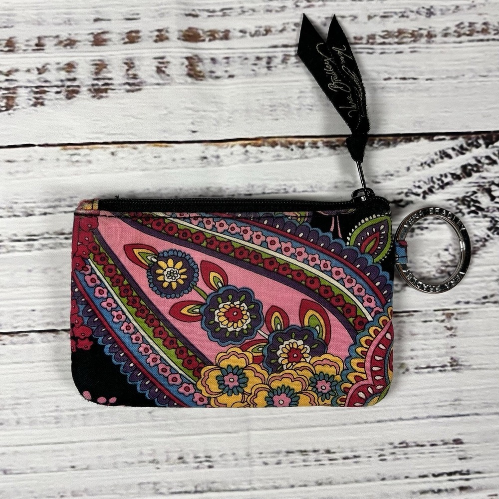 Vera Bradley Black Pink Paisley Zip ID Case Card Wallet Coin Purse Colorful